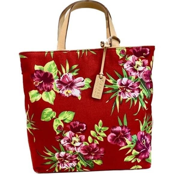 Lauren Ralph Lauren Handbags - Lauren Ralph Lauren Tropical Floral Canvas Tote Bag Snap Closure 12”x14”x4”